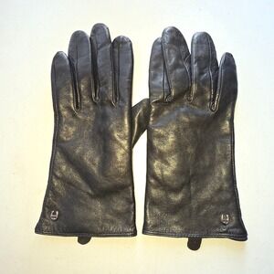 Vtg Etienne Aigner Womens Black Leather Gloves Silver Horseshoe Logo Size Small